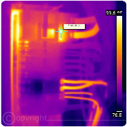 Infrared photo of an 200 amp breaker with one leg hot and you can see the breaker wires hot too!